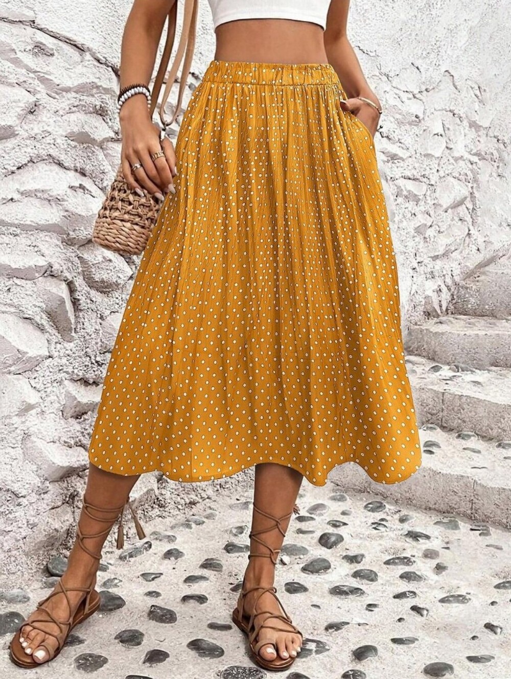 EXLURA High Waist Polka Dot Pleated Skirt